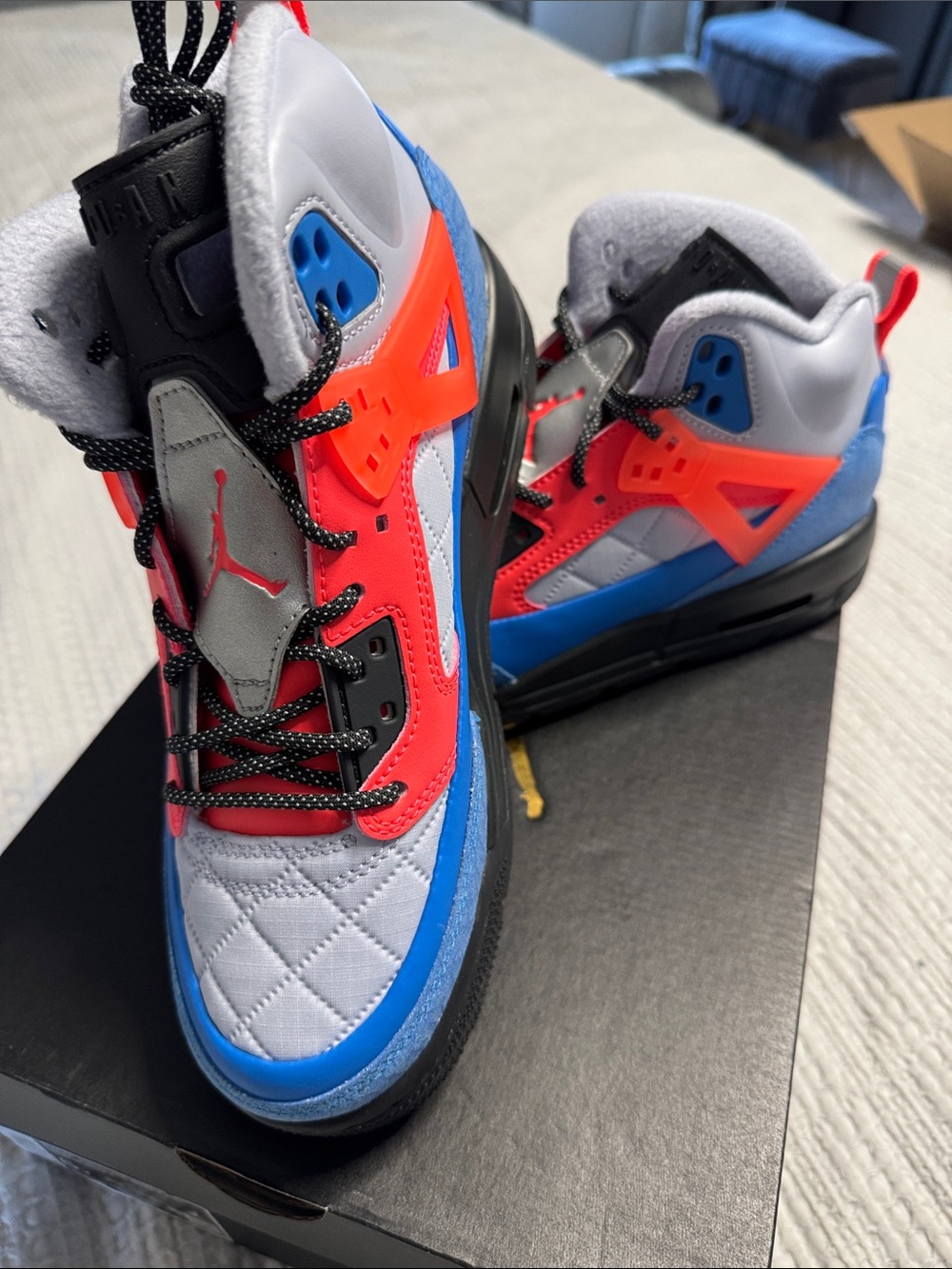 Jordan Kids Mid-Top Sneakers in White, Blue & Red-Orange